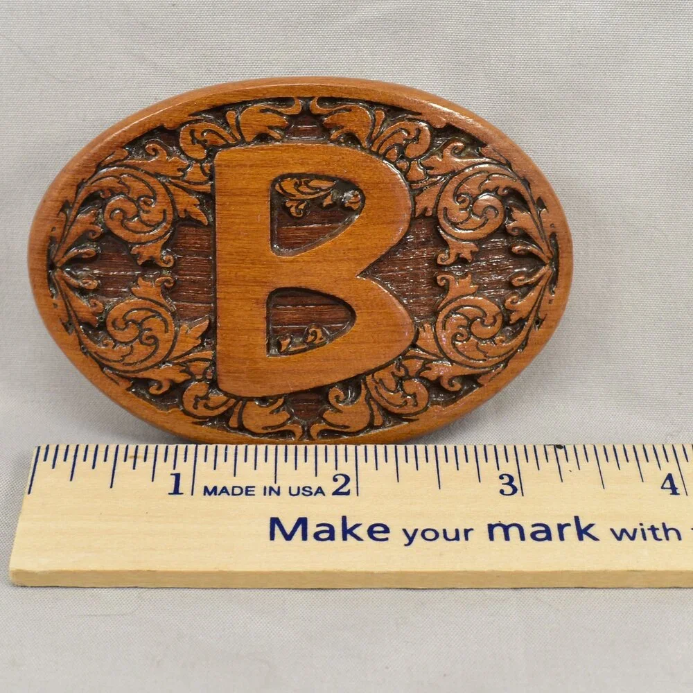 Belt Buckle Wood Letter B‎ Carved Filigree Western Etched Engraved Inlay